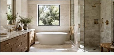 Quiet bathroom with a freestanding tub and a stone vanity