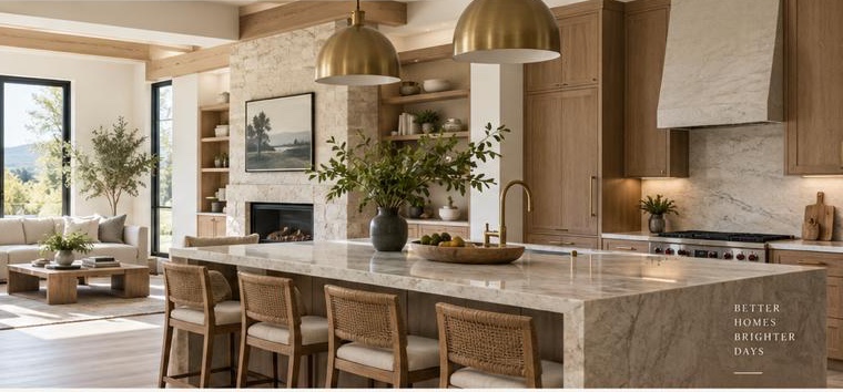 Open kitchen and living room with oak cabinets, a stone island, and a view of the trees