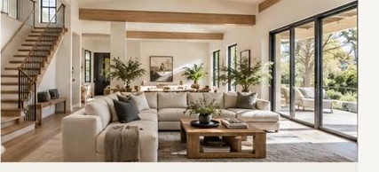 Living room opening to a stair and a wall of glass